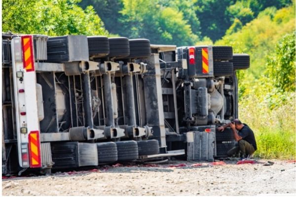 truck driver assess damage to truck after accident in Savannah